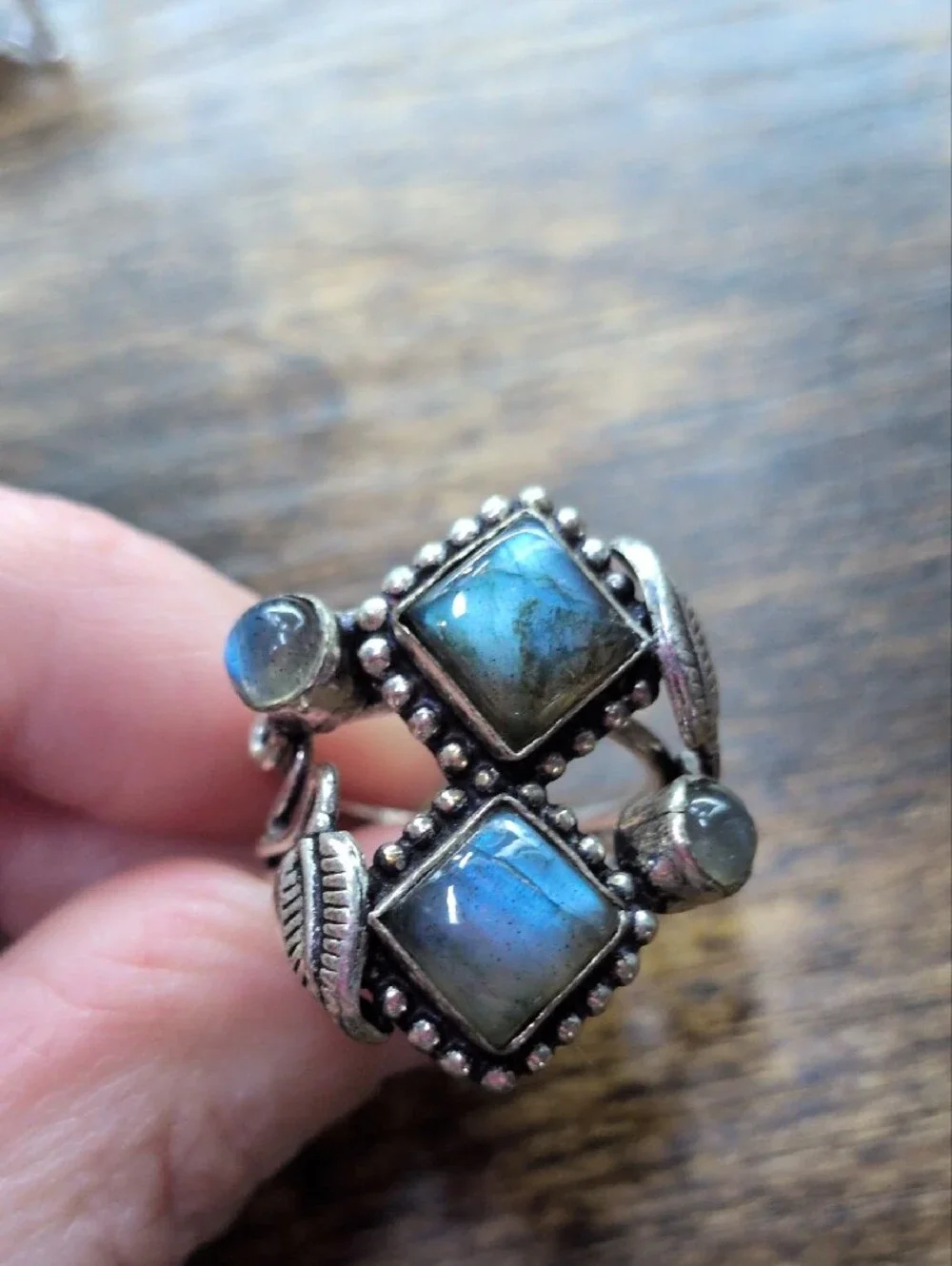 Labradorite Double Square Statement Ring - Silver Leaf Design